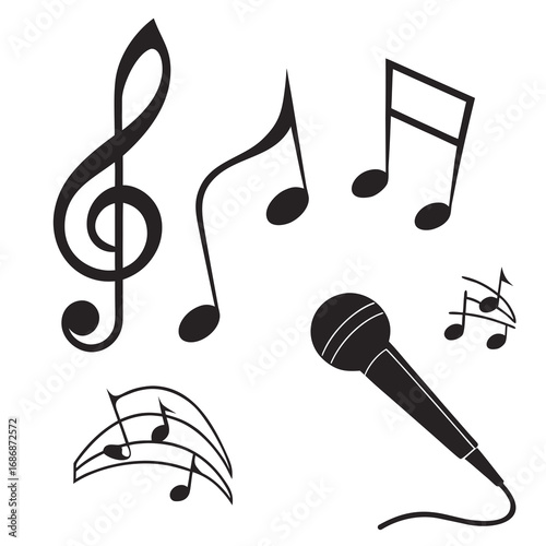 Musical notes and microphone silhouettes treble clef