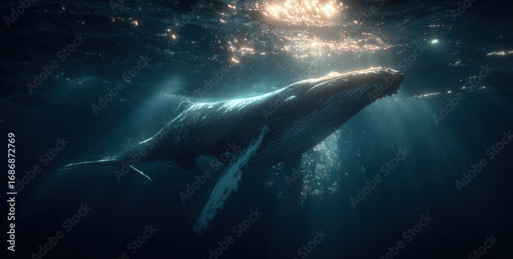 Fototapeta premium A large humpback whale glides serenely through the deep blue ocean, surrounded by shafts of light filtering from the surface. Its massive body moves with grace in the tranquil waters