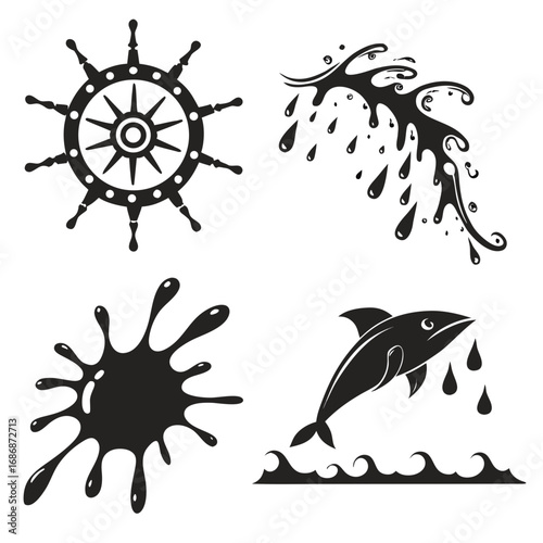 Nautical ship wheel splashing liquid dolphin waves