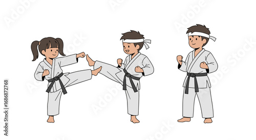 Energetic young martial artists demonstrating karate techniques and poses with focused expressions