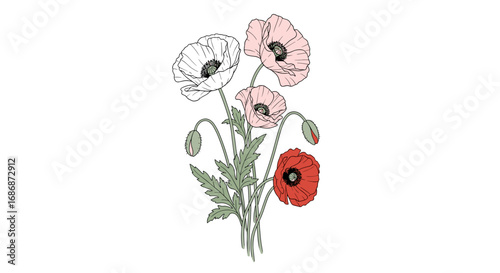 A whimsical watercolor illustration of a delicate poppy flower bouquet in pastel hues