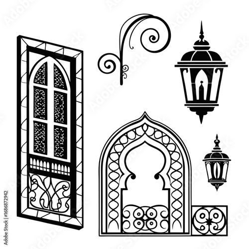 Ornate arabian window arch and lanterns ornament