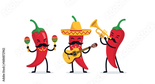 Mexican fiesta chili peppers playing musical instruments with mariachi hats and moustaches
