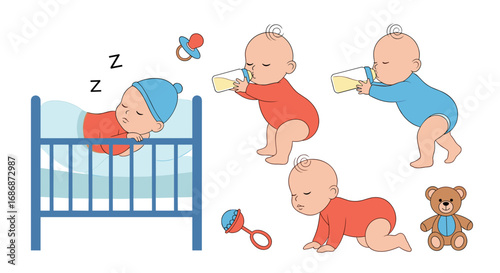 Cute baby illustrations showing sleep feeding crawling and playing with toys for early childhood development themes