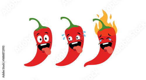Cute cartoon chili peppers expressing different levels of spicy heat and reaction
