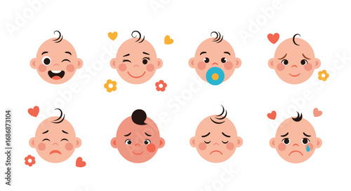 Collection of happy sad and neutral baby face expressions with various emotions shown through facial features and gestures