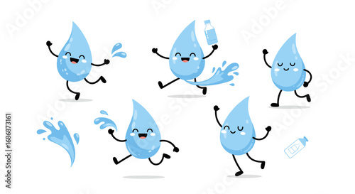 Joyful water droplets celebrating and splashing water in a playful and happy cartoon illustration