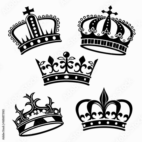 Ornate royal crowns and fleur de lis emblems silhouette