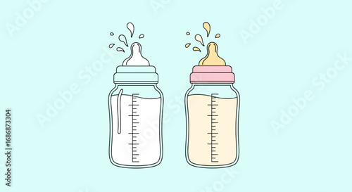 Two stylized baby bottles with liquids splashing out of their nipples one with white liquid and the other with yellow against a pale blue background