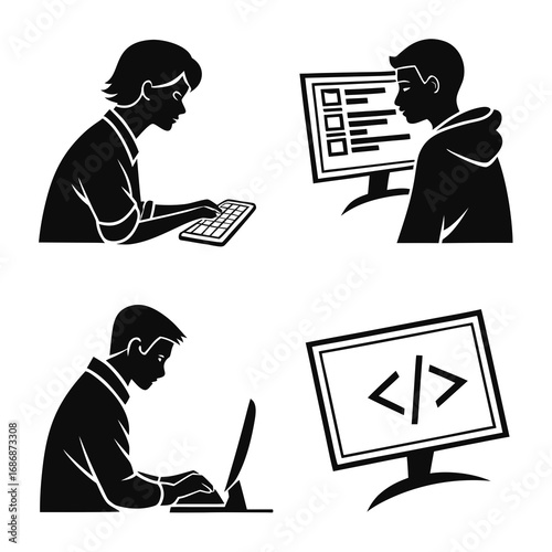 People coding on computers silhouette programming