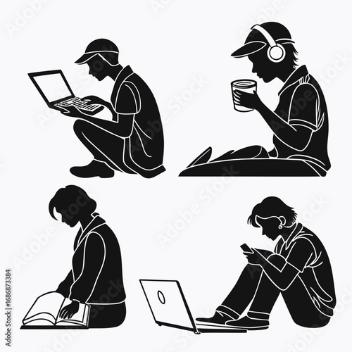 People working remotely with technology silhouette