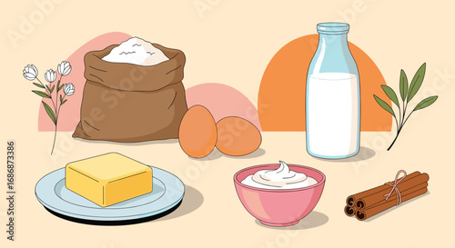 Essential baking ingredients including flour eggs butter milk cream cinnamon and herbs for delicious recipes
