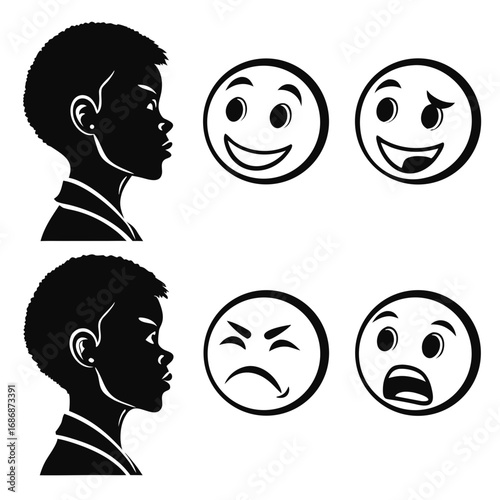 Person profile with happy and angry emoji faces silhouette