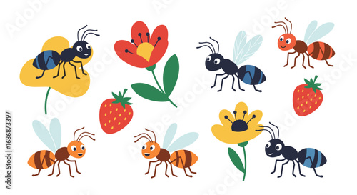 A whimsical collection of animated insects and garden elements