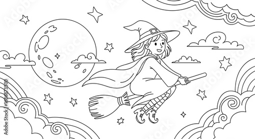 A charming young witch with flowing hair rides her broomstick across the night sky under a full moon and twinkling stars