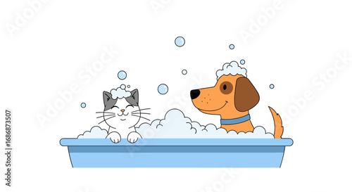 Adorable dog and cat enjoying a relaxing bath time together with lots of bubbles