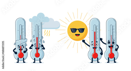 Summer heat weather forecast meteorologist thermometer characters enjoying sunshine and dealing with rain clouds