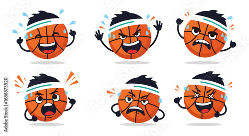 Funny cartoon basketball characters expressing various emotions during sports activities