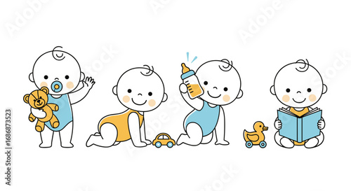Adorable cartoon babies engaged in various playful activities showcasing different stages of early childhood development learning and fun