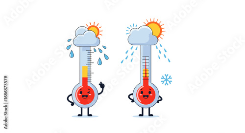 Two thermometers showcasing contrasting weather conditions with cute cartoon faces and different temperature readings