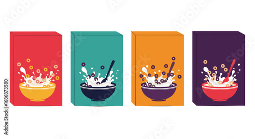 Four colorful cereal boxes displaying a bowl of cereal with milk splash and cereal pieces floating