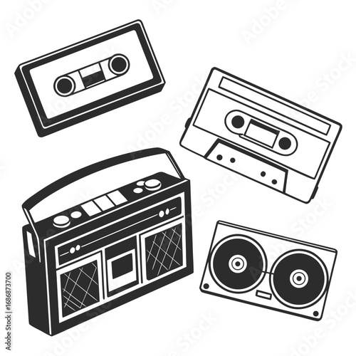 Retro audio equipment collection cassette tapes boombox