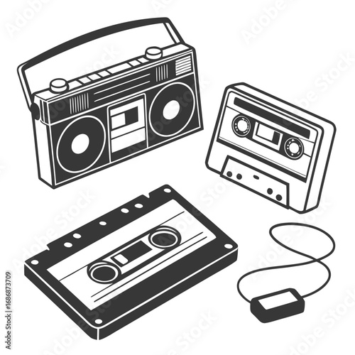 Retro boombox cassette tapes and headphones music audio