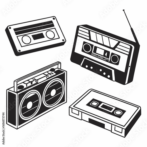 Retro cassette tapes and boombox music player vintage