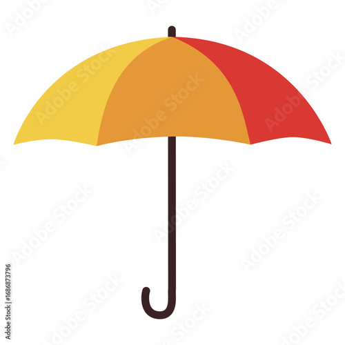 Colorful open umbrella with a curved handle. Minimalistic design element for decoration or weather concept. Isolated on a white background.