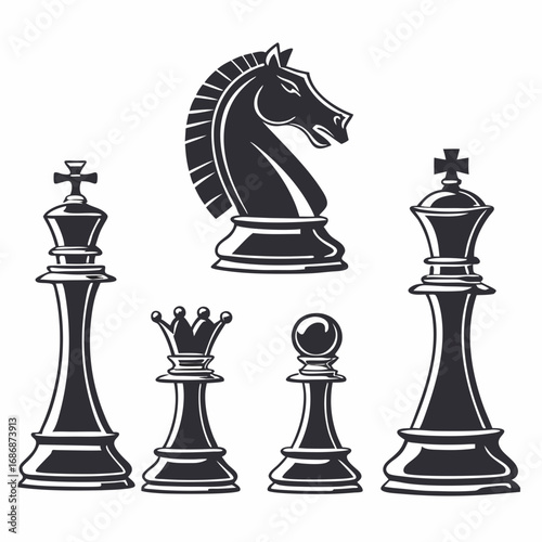 Royal chess pieces and knight silhouette king queen