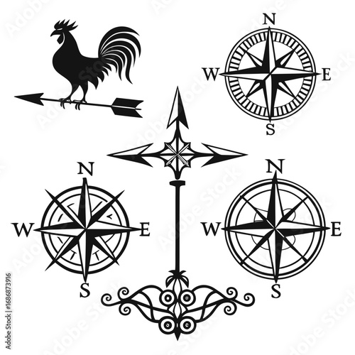 Rooster weather vane compasses directional ornaments