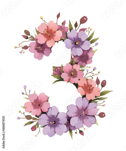 Elegant watercolor floral number three with delicate pink and purple blossoms and green leaves isolated on transparent background