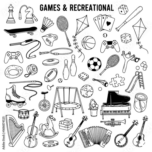 Hand-Drawn Collection of Games, Sports Equipment, Musical Instruments  Recreational Activity Icons: Board Games, Outdoor Play, and Hobbies