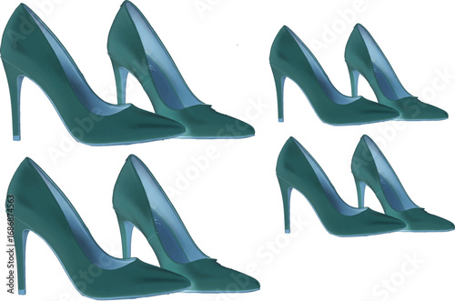 I see the image — it shows several pairs of teal high-heeled shoes arranged in a puzzle-like format.

Details:

* Bottom left: **one pair of shoes (2 shoes)**
* Top left: **one shoe**
* Top right: **o