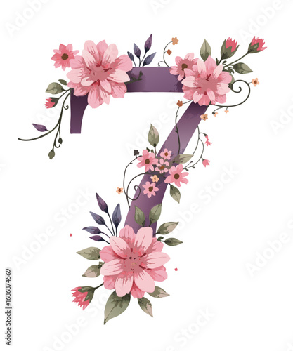 Elegant purple number seven adorned with delicate pink flowers and green leaves isolated on transparent background