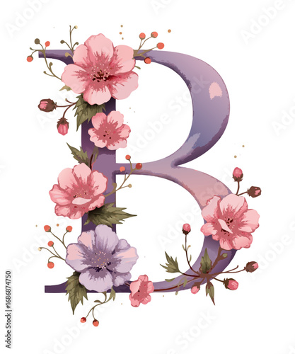 Elegant purple letter b adorned with delicate pink and lavender blossoms and berries isolated on transparent background
