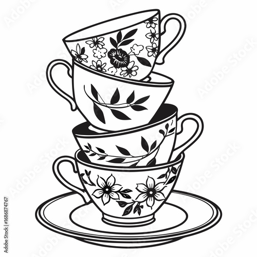 Stacked floral teacups and saucer pattern