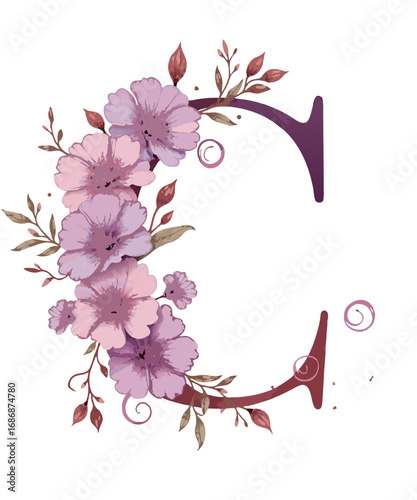 Elegant watercolor letter c adorned with delicate purple and pink flowers and green leaves isolated on transparent background