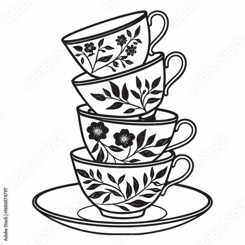 Stacked floral teacups and saucer dessert plates floral pattern