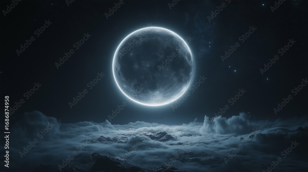Fototapeta premium Rim-Lit Moon over Cloud Mountains