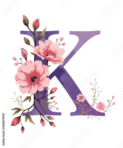 Elegant purple letter k adorned with delicate pink watercolor flowers and green leaves isolated on transparent background