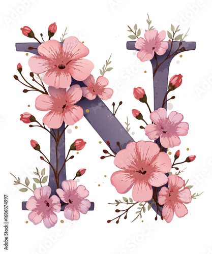 Elegant watercolor letter n adorned with delicate pink cherry blossoms and green leaves isolated on transparent background