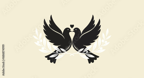 Elegant black silhouette of two doves symbolizing love.