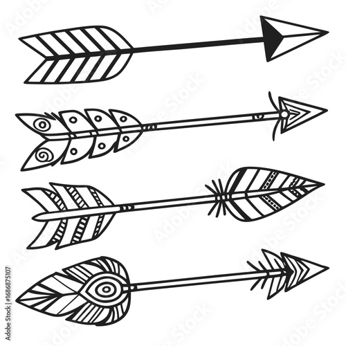 Tribal arrows with decorative fletching and points