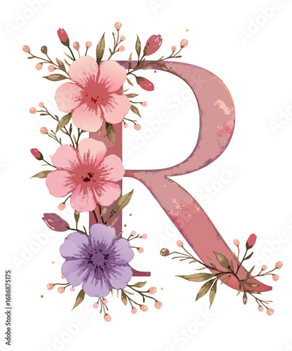 Elegant watercolor letter r adorned with delicate pink and purple flowers and green leaves isolated on transparent background