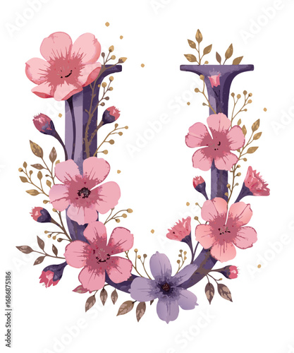Elegant watercolor letter u adorned with delicate pink and purple flowers and golden leaves isolated on transparent background