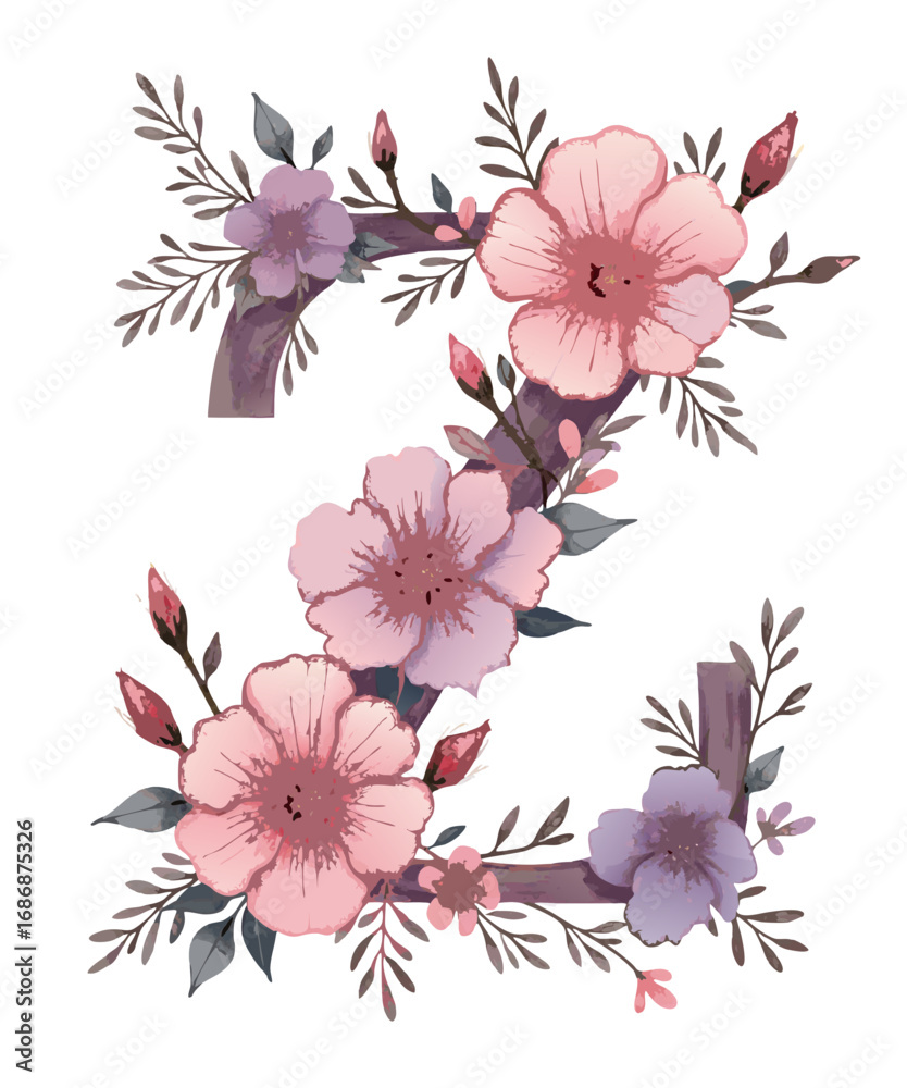 Obraz premium Elegant watercolor floral arrangement forming the letter Z with delicate pink and purple flowers and muted green leaves isolated on transparent background