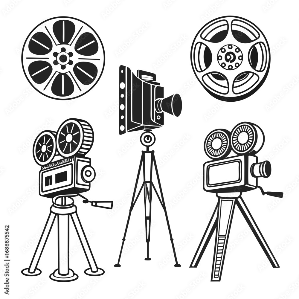 Obraz premium Vintage film cameras and reels film reel movie camera