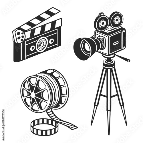 Vintage film camera and clapperboard icons cinema movie