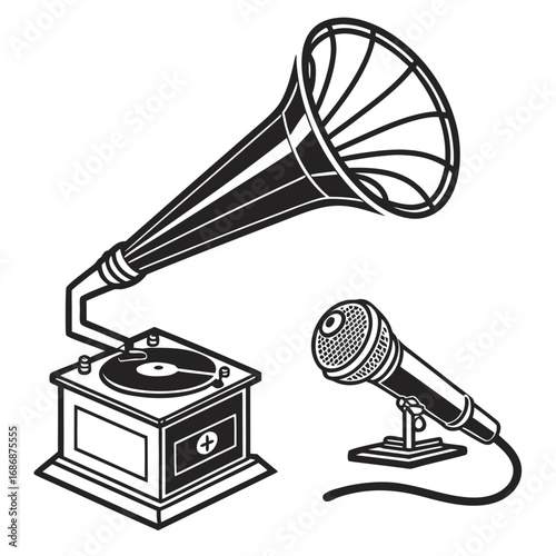 Vintage gramophone and microphone illustration music